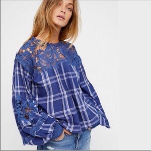 NWT FREE PEOPLE PLAID BALLOON BUBBLE SLEEVE TOP